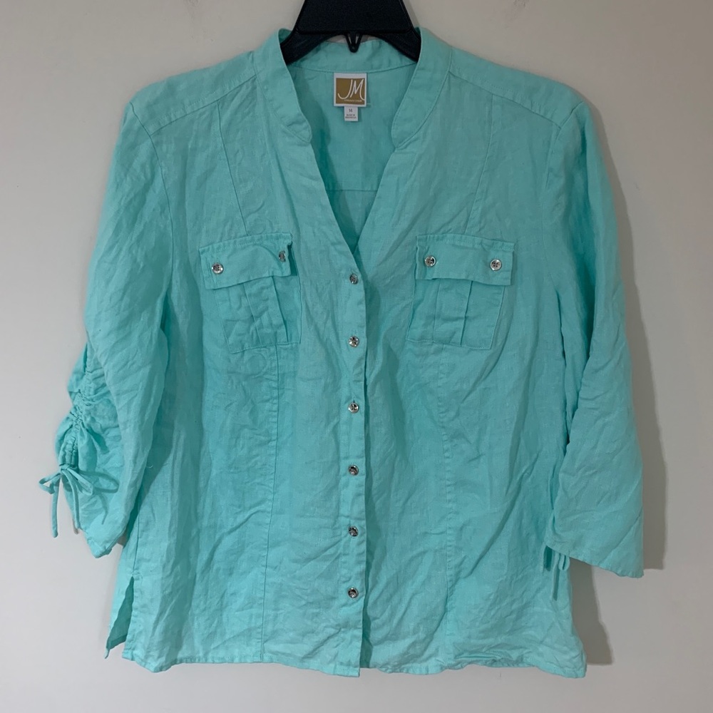 JM Collection Linen Top Shirt Womens Sz 14 Light Turquoise Teal